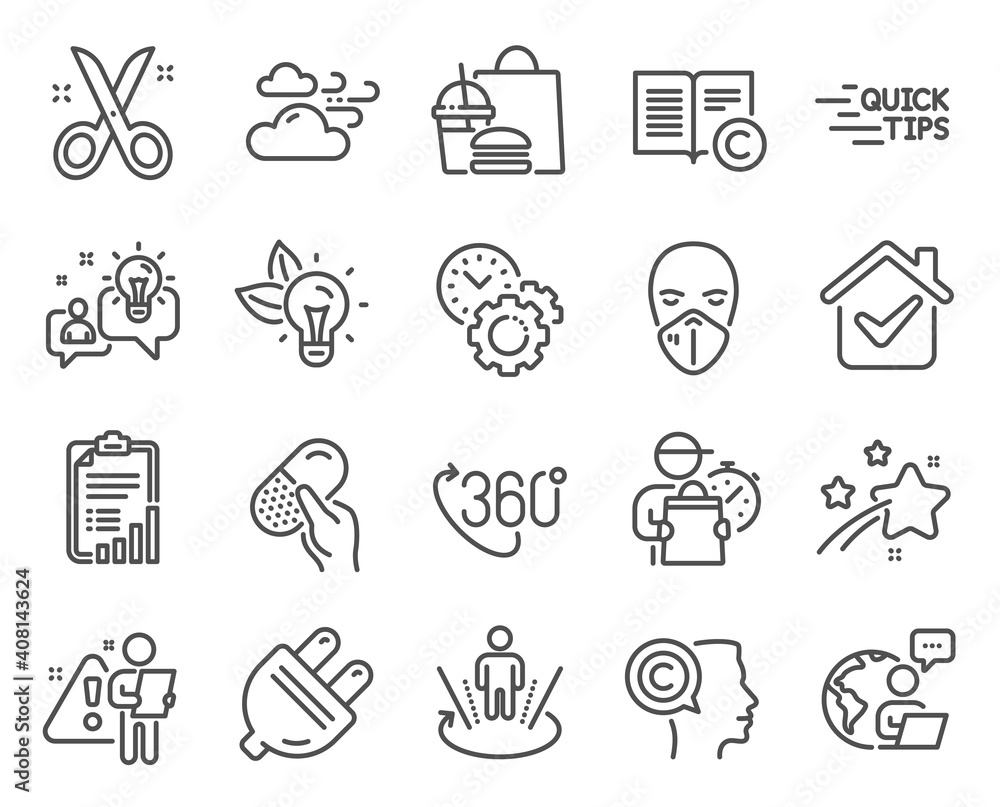 Science icons set. Included icon as Electric plug, Copyright, Augmented reality signs. Windy weather, Eco energy, Idea symbols. Checklist, Scissors, Time management. Education, 360 degree. Vector Science icons set. Included icon as Electric plug, Copyright, Augmented reality signs. Windy weather, Eco energy, Idea symbols. Checklist, Scissors, Time management. Education, 360 degree. Vector