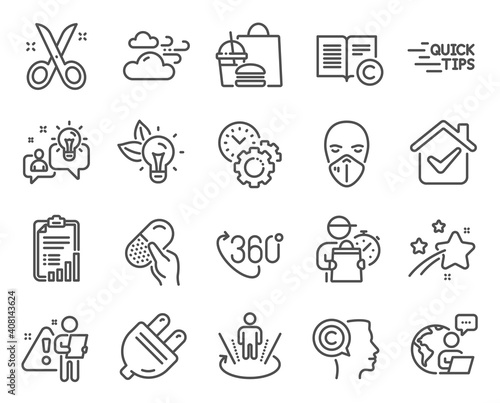 Science icons set. Included icon as Electric plug, Copyright, Augmented reality signs. Windy weather, Eco energy, Idea symbols. Checklist, Scissors, Time management. Education, 360 degree. Vector