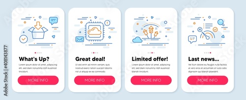 Set of Business icons, such as Fireworks rocket, Cloud computing, Get box symbols. Mobile screen app banners. No internet line icons. Pyrotechnic salute, Computer storage, Send package. Vector