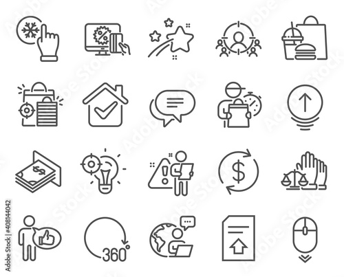Business icons set. Included icon as Like, Usd exchange, Swipe up signs. Business targeting, Atm money, Online shopping symbols. Seo idea, Upload file, Freezing click. Court jury. Vector