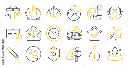 Set of Business icons, such as Water bowl, Justice scales, Surprise boxes symbols. Vote, Reject protection, Scroll down signs. Chemistry pipette, Call center, Time change. Web mail, Facts. Vector
