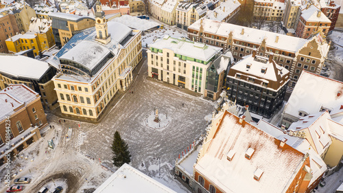 Riga, Latvia, Baltics. Beautiful panoramic aerial view photo from flying drone to Old Riga and House of the Blackheads (Melngalvju nams) on a Beautiful Sunny Winter Day. (series) photo