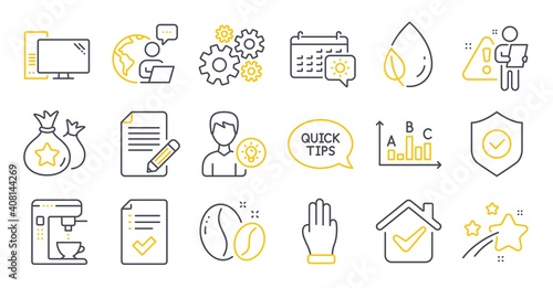 Set of line icons, such as Security shield, Travel calendar, Approved checklist symbols. Person idea, Cogwheel, Three fingers signs. Coffee maker, Quickstart guide, Computer. Article. Vector