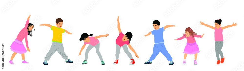 Happy joyful kids, little boys and girls doing exercise vector illustration isolated. Funny playing plane game. Spread hands flying symbol widespread hands open. Smiling children.
