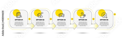 Car, Accounting report and Customisation line icons set. Timeline process flowchart. Engineer sign. Transport, Check finance, Settings. Worker with cogwheel. Business set. Vector