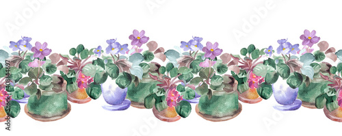 Potted violets - sealmess horisontal border of a watercolor potted flowers.