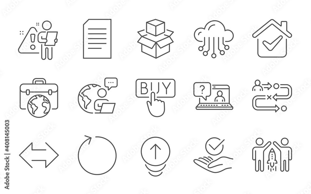 Packing boxes, Journey path and Partnership line icons set. Buying, Businessman case and Approved signs. Cloud storage, Document and Loop symbols. Sync, Swipe up and Faq. Line icons set. Vector Packing boxes, Journey path and Partnership line icons set. Buying, Businessman case and Approved signs. Cloud storage, Document and Loop symbols. Sync, Swipe up and Faq. Line icons set. Vector