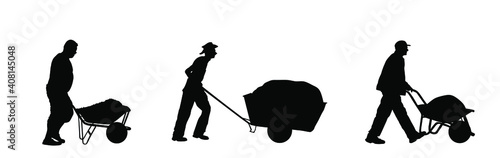 Construction workers with full wheelbarrow vector silhouette illustration. Man carrying loader with sand. Transportation carrying on cart. Worker with building material on site. Farmer pushing cart.