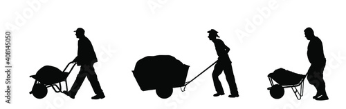 Construction workers with full wheelbarrow vector silhouette illustration. Man carrying loader with sand. Transportation carrying on cart. Worker with building material on site. Farmer pushing cart.