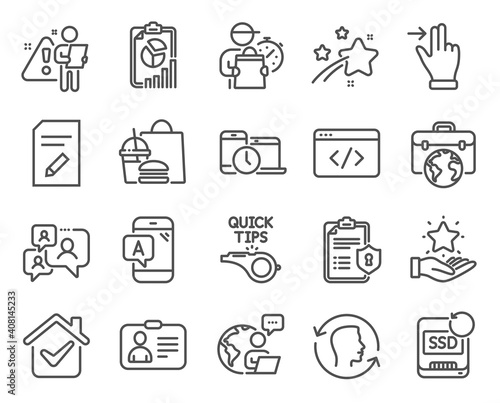 Technology icons set. Included icon as Businessman case, Id card, Recovery ssd signs. Face id, Edit document, Ab testing symbols. Loyalty program, Support chat, Seo script. Report. Vector