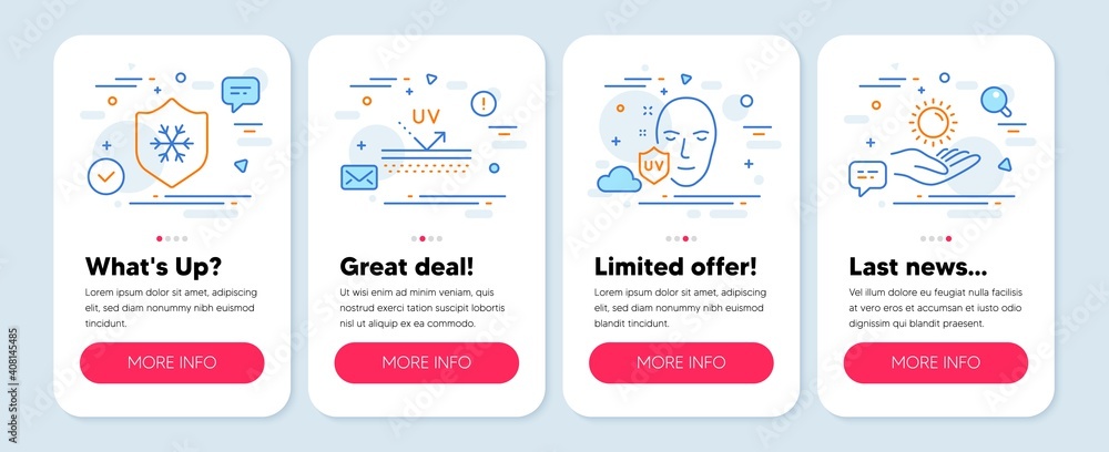 Set of Healthcare icons, such as Uv protection, Clean skin, Uv protection line icons. Mobile app mockup banners. Skin cream, Cold protect, Ultraviolet. Ultraviolet care. Uv protection icons. Vector