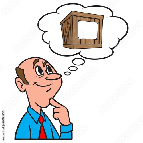 Thinking about a Shipping Crate - A cartoon illustration of a man thinking about a Shipping Crate.