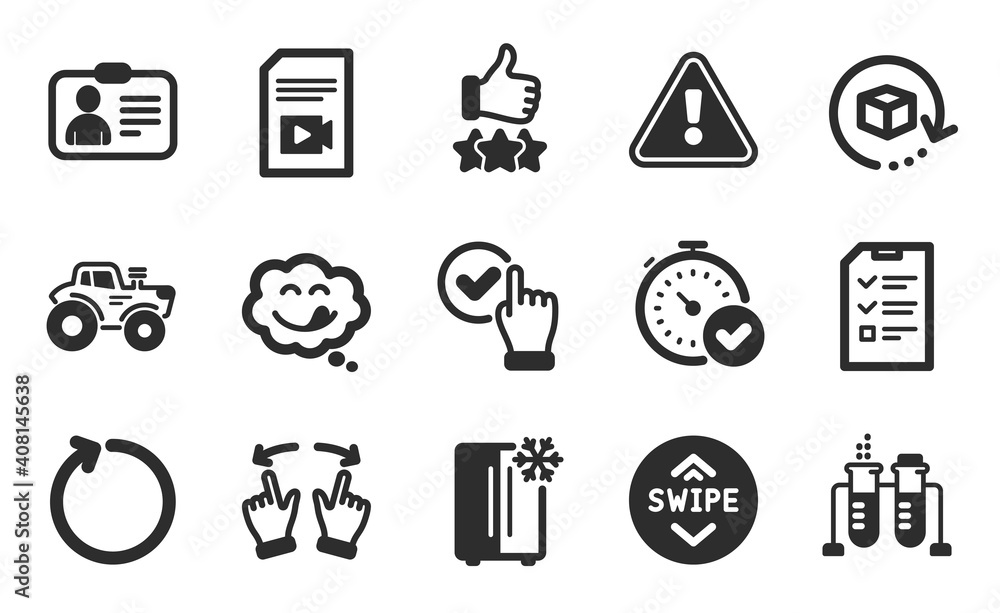 Loop, Video file and Id card icons simple set. Rating stars, Checkbox and Fast verification signs. Tractor, Yummy smile and Interview symbols. Refrigerator, Return package and Move gesture. Vector Loop, Video file and Id card icons simple set. Rating stars, Checkbox and Fast verification signs. Tractor, Yummy smile and Interview symbols. Refrigerator, Return package and Move gesture. Vector