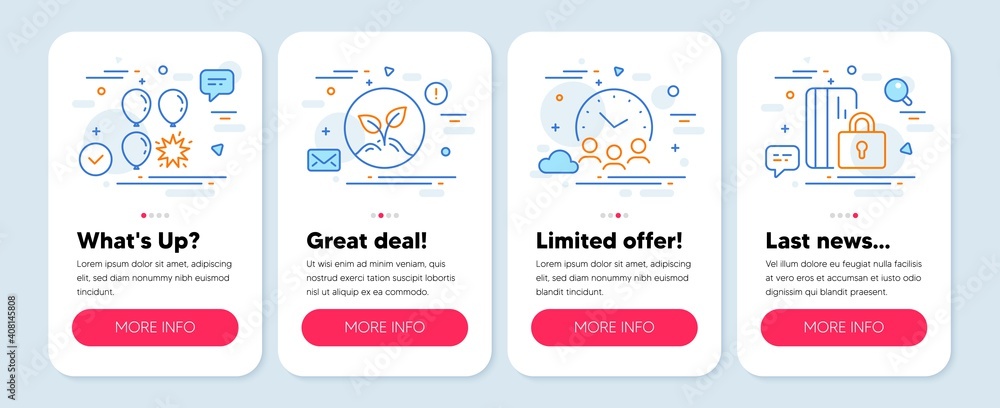 Set of Business icons, such as Balloon dart, Meeting time, Startup symbols. Mobile screen banners. Blocked card line icons. Attraction park, Conference hours, Launch project. Private money. Vector