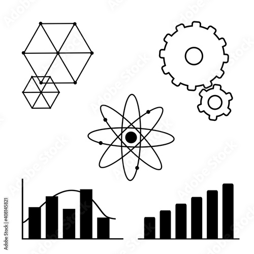 Education and scientific knowledge elements. Gears, crystal cell, molecula and bar charts