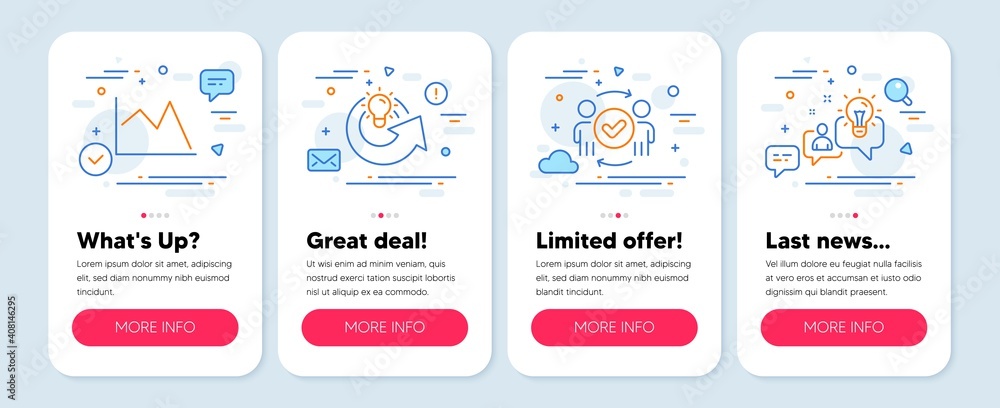 Set of Education icons, such as Share idea, Approved teamwork, Line chart symbols. Mobile screen mockup banners. Idea line icons. Solution, Team workflow, Financial graph. Share idea icons. Vector