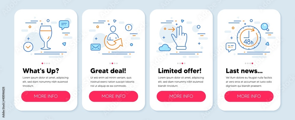 Set of Business icons, such as Beer glass, Touchscreen gesture, Share symbols. Mobile app mockup banners. 48 hours line icons. Brewery beverage, Slide right, Referral person. Delivery service. Vector