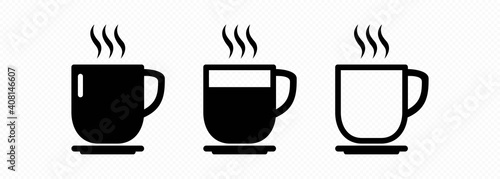 Cup of coffee and tea with steam icon set in black. Vector on isolated transparent background. EPS 10