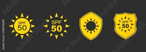 Set of simple flat SPF sun protection icons for sunscreen packaging. UV protection for skin. Icons for sunscreen products or other skin cosmetics. Vector on isolated background. EPS 10