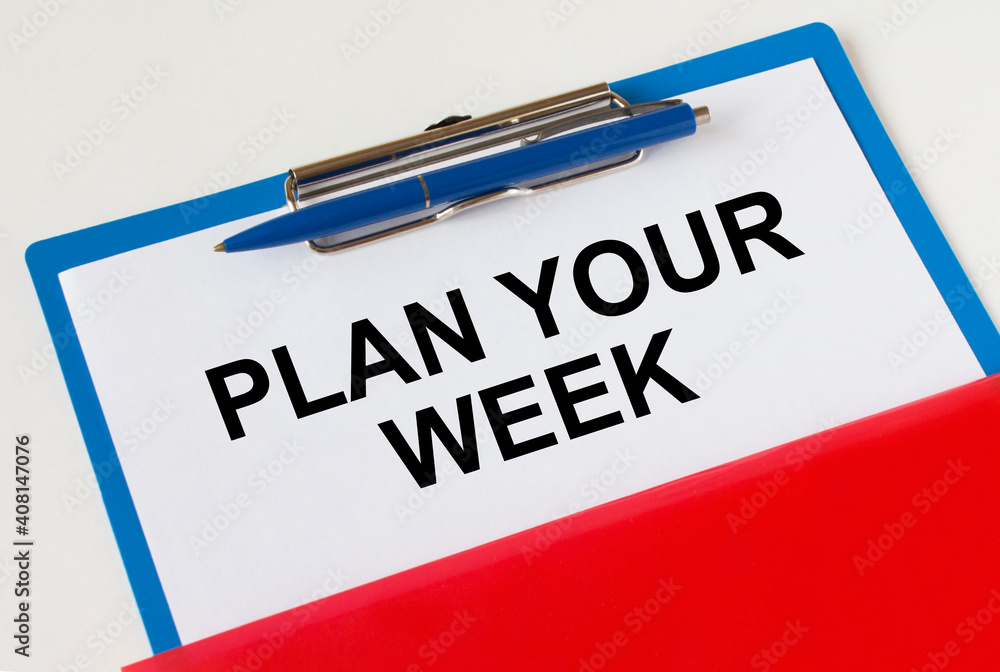 Clipboard with text Plan Your Week blue pen and red folder