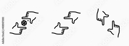 Hand framing or cropping a camera photo. Director s hand gesture of process of movie production. Film making, director s vision, motion picture. Vector on isolated transparent background. EPS 10