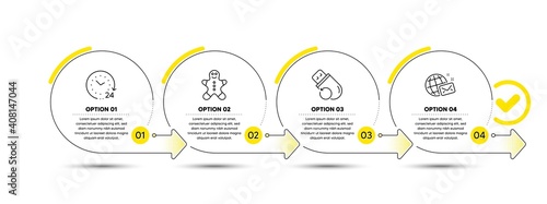 Gingerbread man, Flash memory and 24 hours line icons set. Timeline process infograph. World mail sign. Christmas cookie, Recovery usb, Time. Chat. Business set. Infographics timeline banner. Vector
