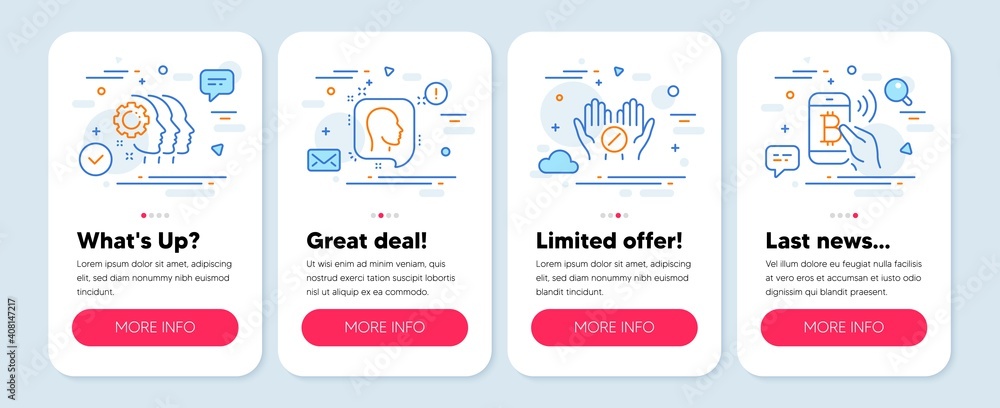 Set of People icons, such as Employees teamwork, Medical tablet, Head symbols. Mobile screen app banners. Bitcoin pay line icons. Collaboration, Medicine pill, Profile messages. Mobile payment. Vector