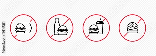 No fast food icon set. Prohibition sign. Forbidden unhealthy eating. Vector on isolated white background. EPS 10