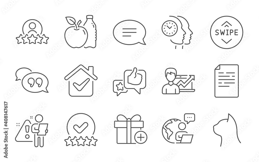 Apple, Like and Time management line icons set. Swipe up, Success business and Pets care signs. Add gift, Quote bubble and Human rating symbols. Chat, Rating stars and Document. Line icons set. Vector Apple, Like and Time management line icons set. Swipe up, Success business and Pets care signs. Add gift, Quote bubble and Human rating symbols. Chat, Rating stars and Document. Line icons set. Vector