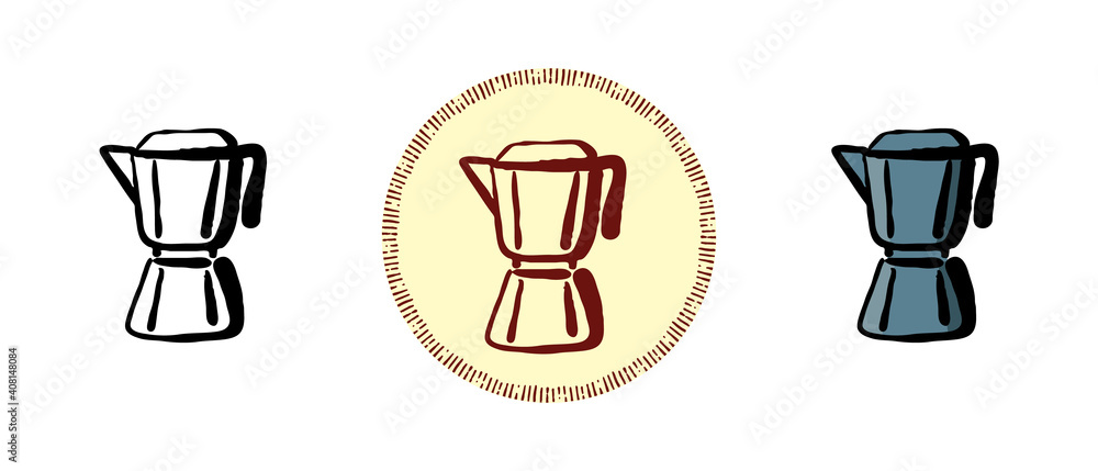 This is a set of icons with different styles of geyser coffee maker. Outline, color and retro symbols of a geyser coffee maker. Freehand drawing, doodles. Stylish solution for website and label. This is a set of icons with different styles of geyser coffee maker. Outline, color and retro symbols of a geyser coffee maker. Freehand drawing, doodles. Stylish solution for website and label.