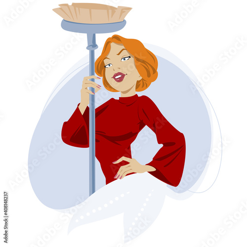 We Can Do It. Proud beautiful woman with mop. Illustration for internet and mobile website.