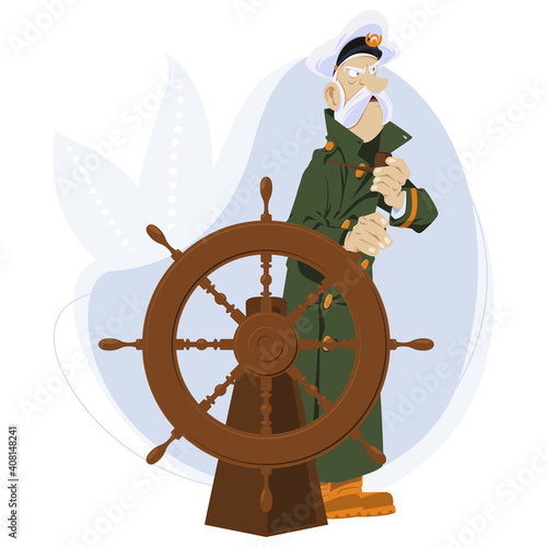 Sea wolf with pipe. Old captain of ship at wheel. Illustration for internet and mobile website.