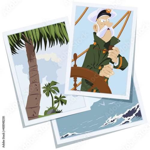 Sea wolf with pipe. Old captain of ship at wheel. Illustration for internet and mobile website.