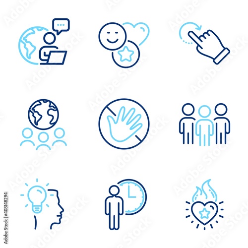 People icons set. Included icon as Waiting, Do not touch, Idea signs. Global business, Smile, Group symbols. Rotation gesture, Heart flame line icons. Service time, Not allowed. Line icons set. Vector