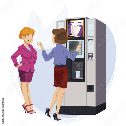 Girls near coffee vending machine. Illustration for internet and mobile website.