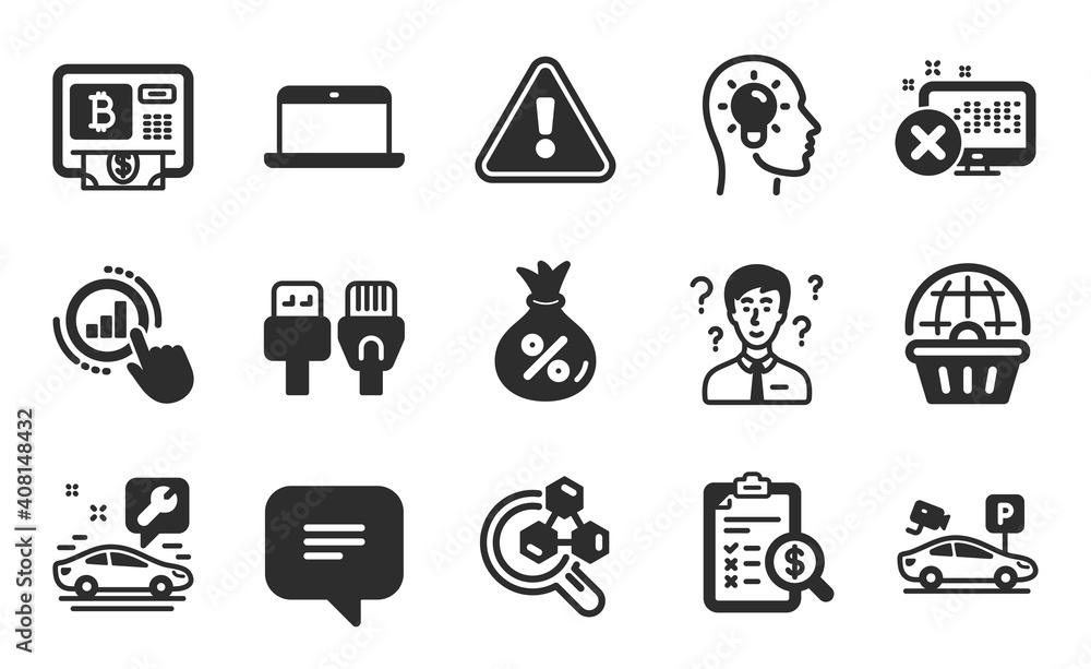 Idea head, Car service and Bitcoin atm icons simple set. Loan, Support consultant and Text message signs. Graph chart, Laptop and Computer cables symbols. Flat icons set. Vector Idea head, Car service and Bitcoin atm icons simple set. Loan, Support consultant and Text message signs. Graph chart, Laptop and Computer cables symbols. Flat icons set. Vector