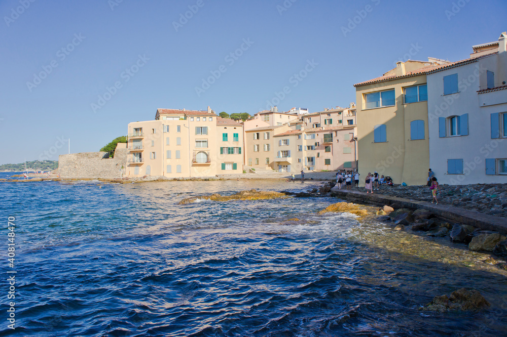 Saint Tropez, Old city view by the beach with colorful houses, Côte d'Azur, France, Europe