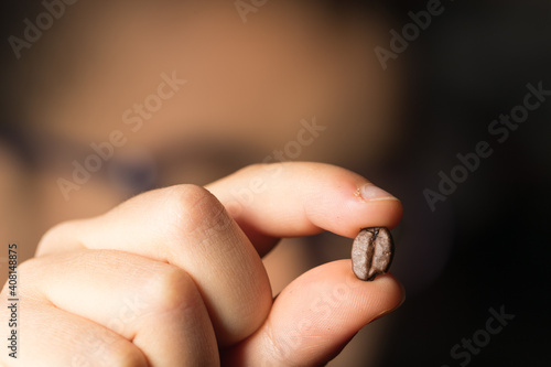 coffee bean in a hand close-up view