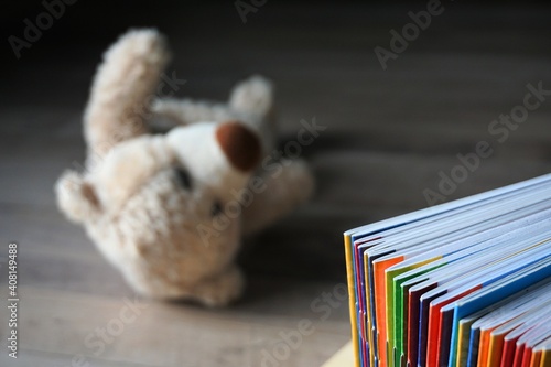 colorful, children's magazines are on the floor. next to the magazines lies a carelessly soft teddy bear. soft toy out of focus. to the left of the window padoet soft light.