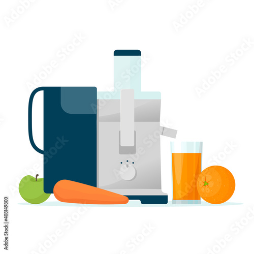 Juicer machine. Fruit squeezer isolated on white background. Orange juice in a glass and fruit. Vector illustration in flat style