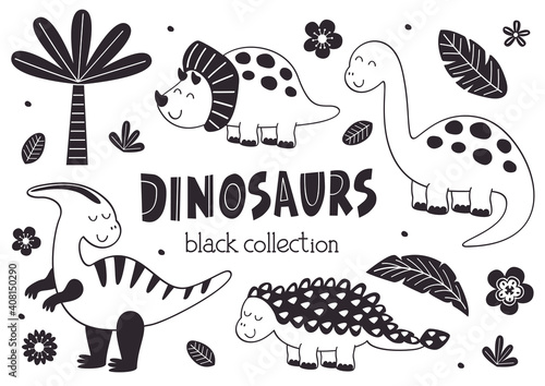 set of isolated black cute dinosaurs and tropical plants 