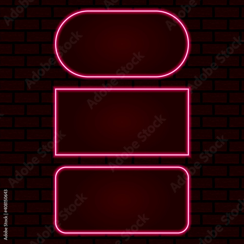 Vector neon frame. Neon pink light. Neon, frame png. Frames for text. Neon lamps. Frames on a brick wall. Screaming wall, brick background. Vector image.
