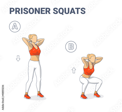 Prisoner Squats Feale Home Workout Exercise Guide. Squatting Athletic Young Woman in Sportswear Exercising on Her Butt.