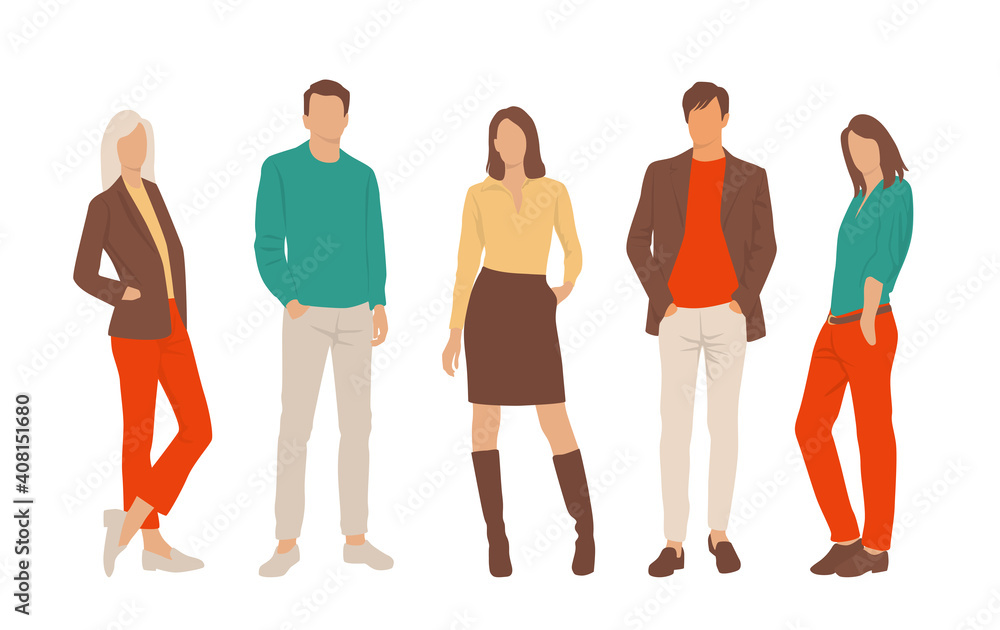 Obraz premium Set of young men and women, different colors, cartoon character, group of silhouettes of standing business people, students, the design concept of flat icon, isolated on white background