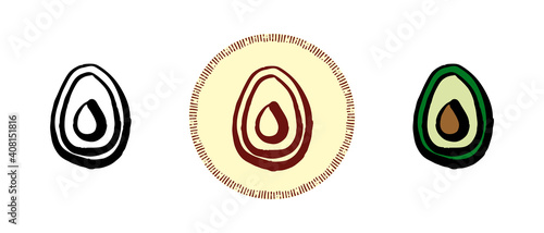 This is a set of icons with different avocado style. Contour, color and retro avocado symbols. Freehand drawing, doodles. Stylish solution for website and label.