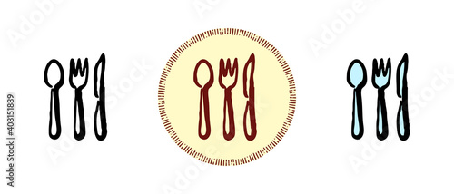This is a set of icons with different style of cutlery. Outline, color and retro cutlery symbols. Freehand drawing, doodles. Stylish solution for website and label.