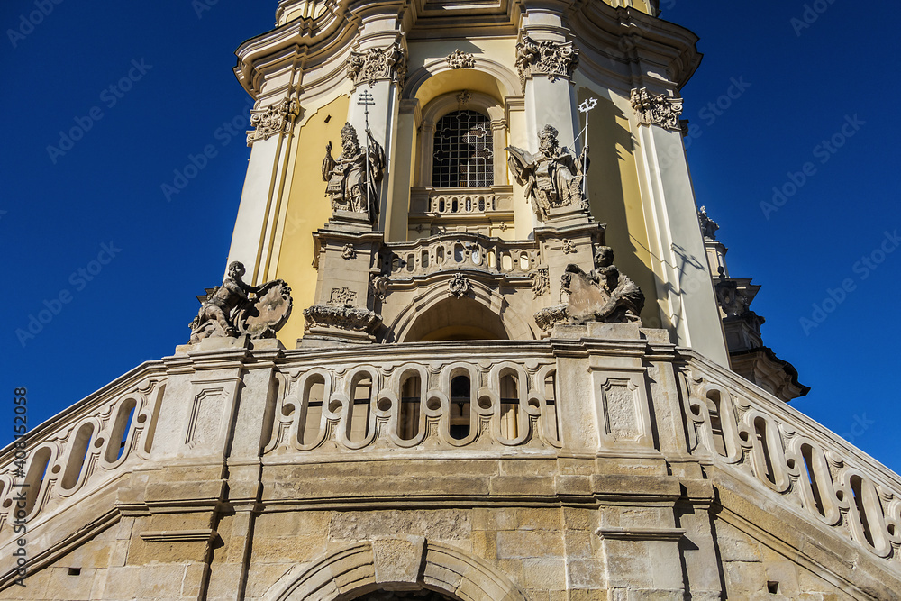 Architectural fragments of Lviv Greek Catholic Archbishop's Cathedral of Saint George (Ukr: Sobor sviatoho Yura, 1760) - magnificent Rococo ensemble dating back to XVIII century. Lviv, Ukraine.