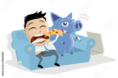 lazy asian businessman sitting on the sofa eating pizza with his inner pig dog