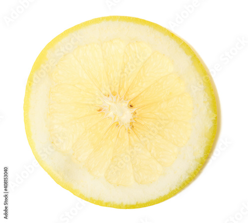 cut round piece of yellow lemon isolated on white background