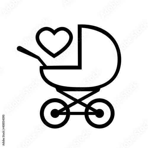 Baby carriage icon on white background. A symbol of the birth of a child, maternal care and love. Vector isolated illustration.